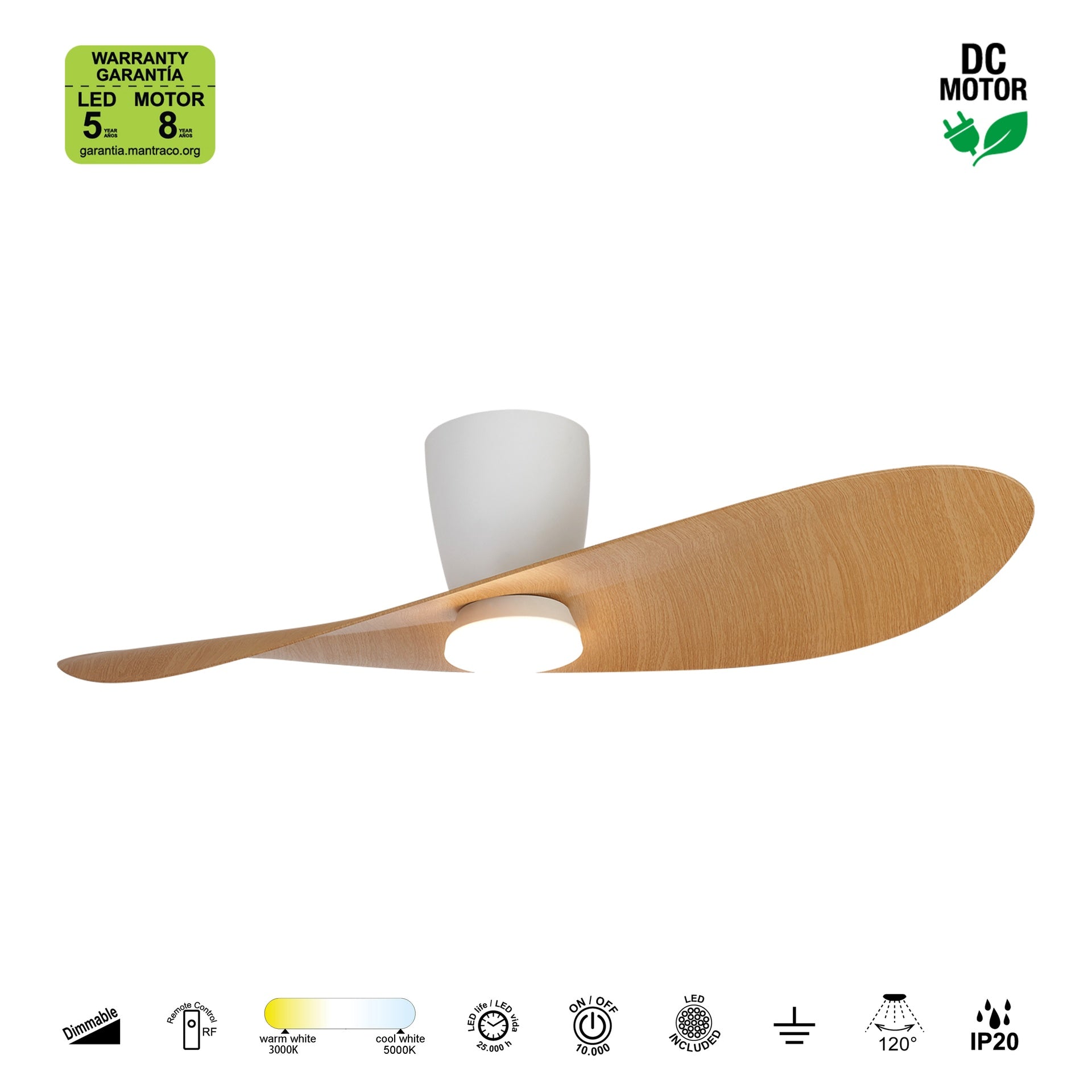 Plafonnier ventilateur SURFER bois et blanc Mantra 9475