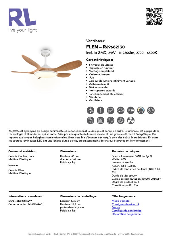 Plafonnier ventilateur FLEN aspect bois Trio R69682130