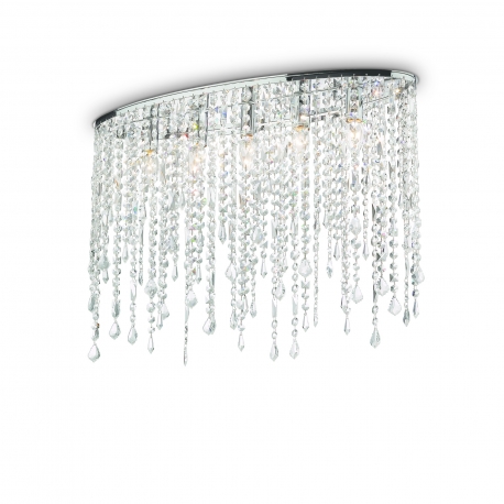 Plafonnier Rain Ideal Lux métal finition chrome, pampilles transparentes en cristal poli 5x40w E14