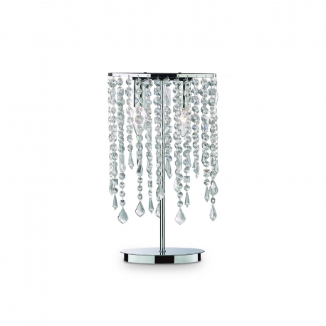 Lampe Rain Ideal Lux métal finition chrome, pampilles transparentes en cristal poli 2x40w E14