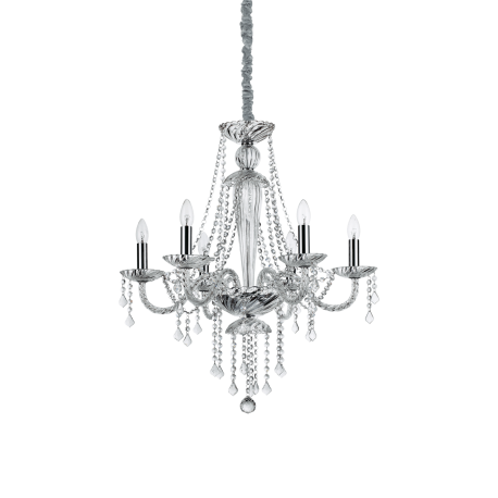 Lustre Amadeus Ideal Lux structure en métal chromé, éléments décoratifs en verre soufflé et cristal biseauté, couvre chaine en v