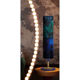 Lampe Papesse métal bleu, doré mat abat jour velours décor tropical bleu diamètre 12 fabrication française