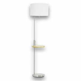 Lampadaire Madera pied en acier nickel satiné, tablette bois avec prise USB, abat jour tissu blanc D40 H161 E27