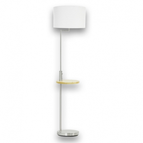 Lampadaire Madera pied en acier nickel satiné, tablette bois avec prise USB, abat jour tissu blanc D40 H161 E27