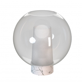 Lampe Nora base marbre, double verre blanc et chrome E27, H26 D25.