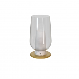 Lampe Nora base métal doré ,marbre, double verre blanc et transparent E27, H33,2 cms D18 cms.