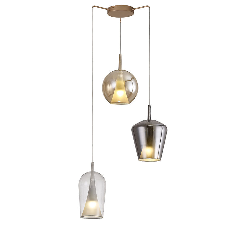 Suspension Elsa 3 lumières double verre, transparent, gris fumé, bronze 3x E27