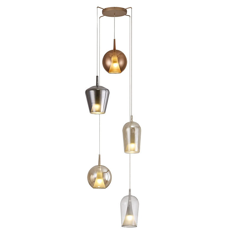 Suspension Elsa 5 lumières double verre, transparent, gris fumé, bronze, cuivre, or