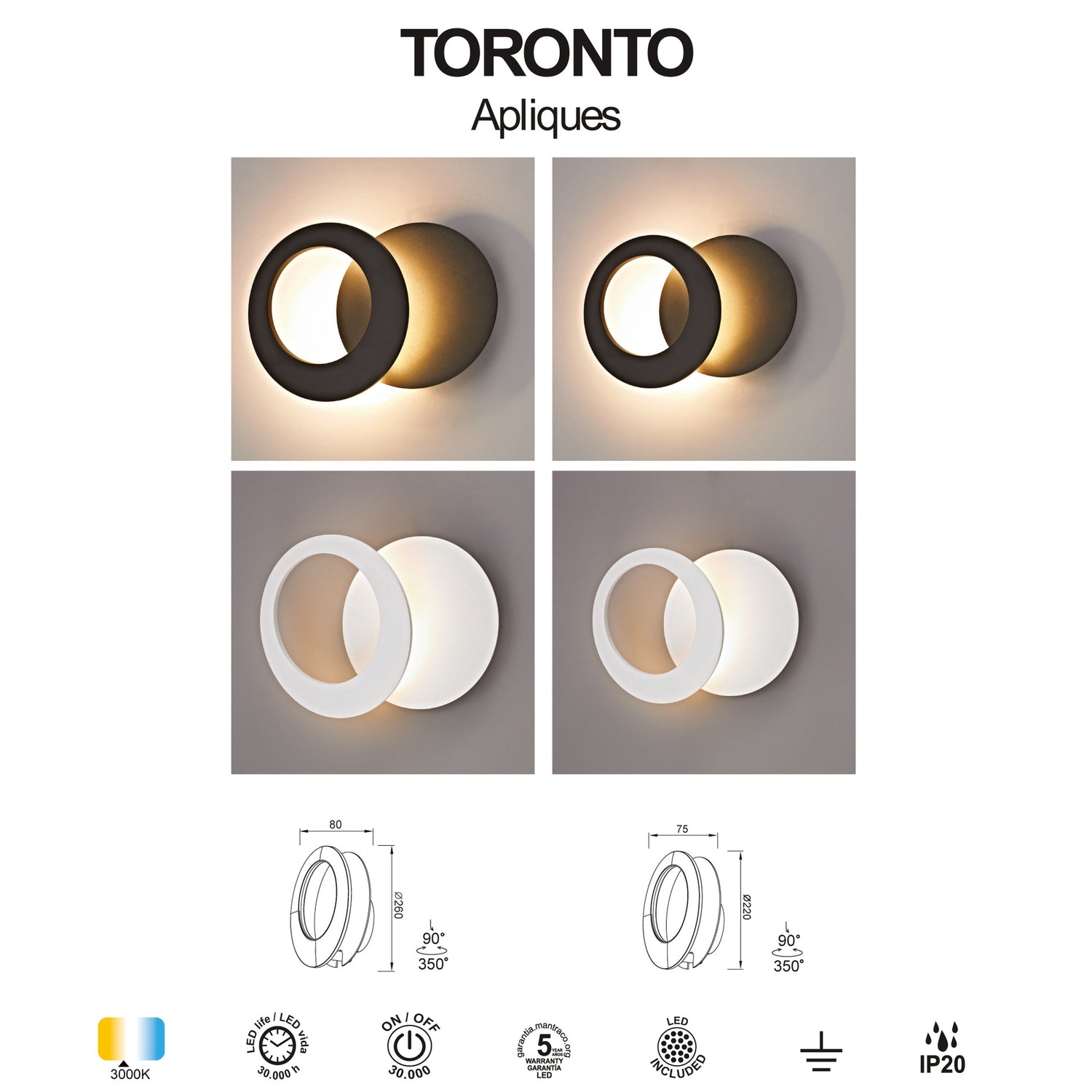 Applique led TORONTO blanche D26 Mantra 8463