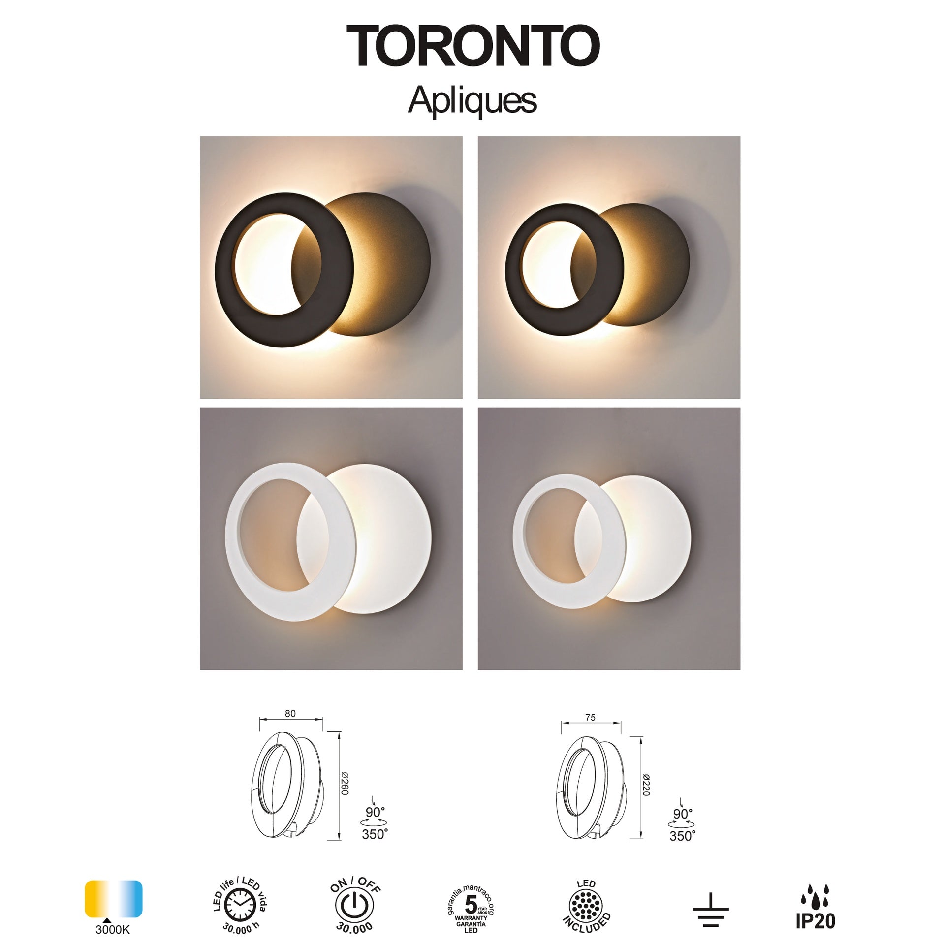 Applique led TORONTO blanche D26 Mantra 8463