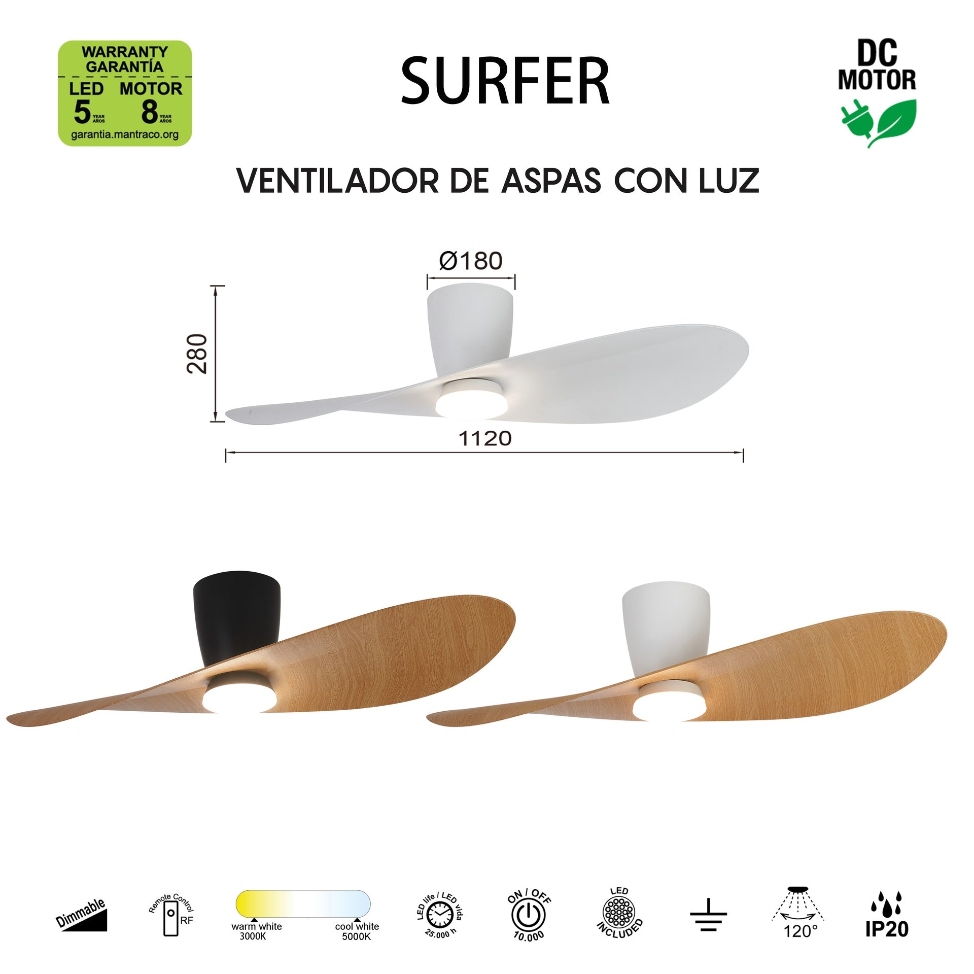 Plafonnier ventilateur SURFER bois et blanc Mantra 9475