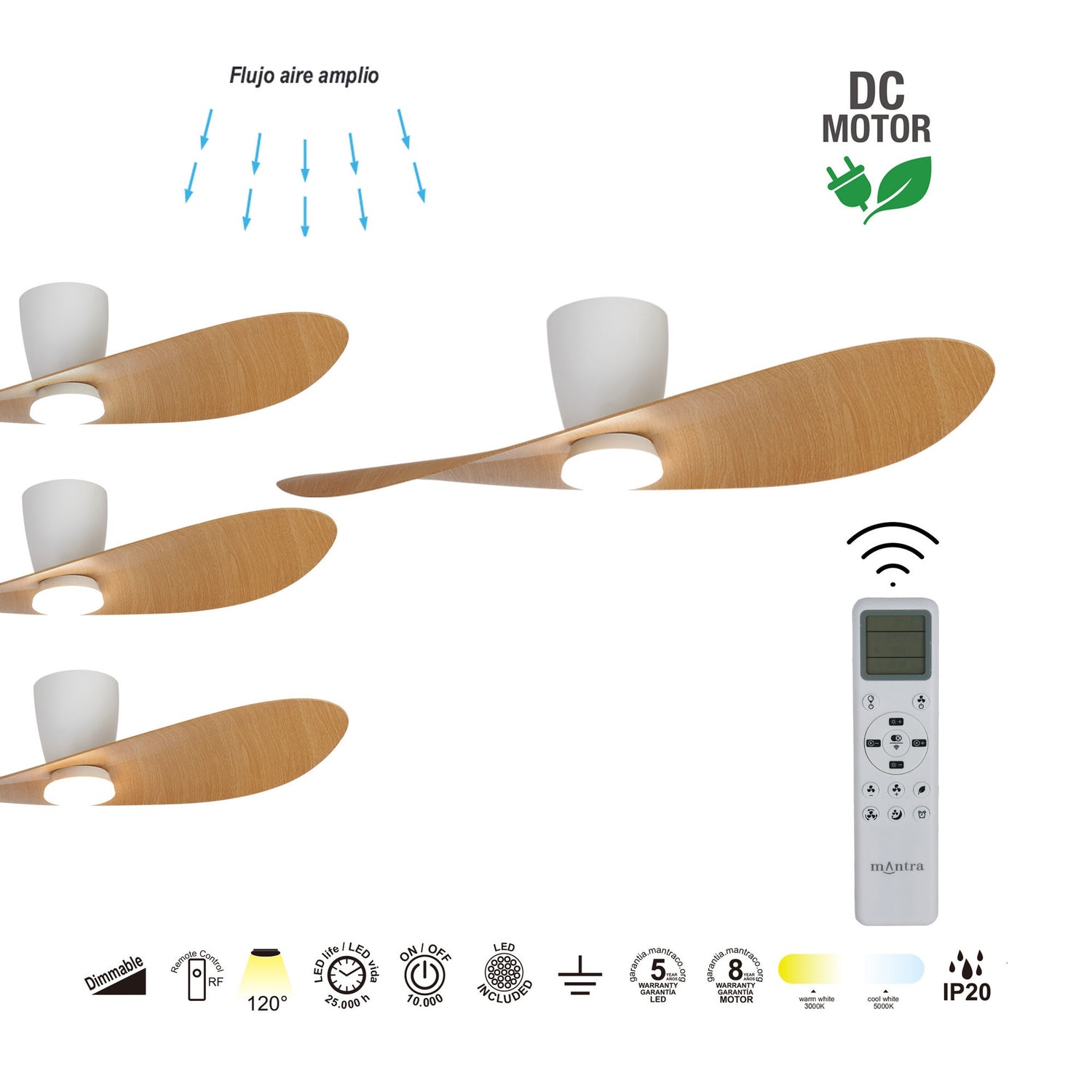 Plafonnier ventilateur SURFER bois et blanc Mantra 9475
