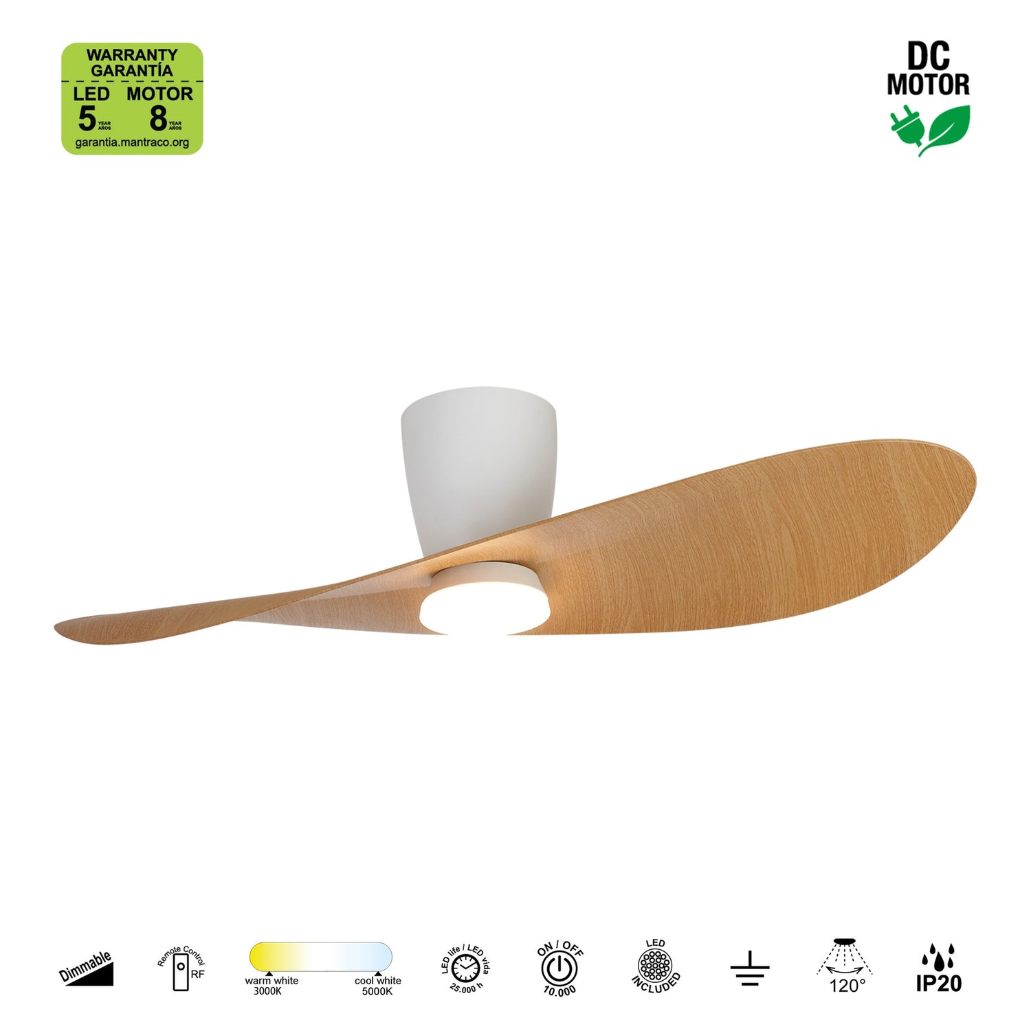 Plafonnier ventilateur SURFER bois et blanc Mantra 9475