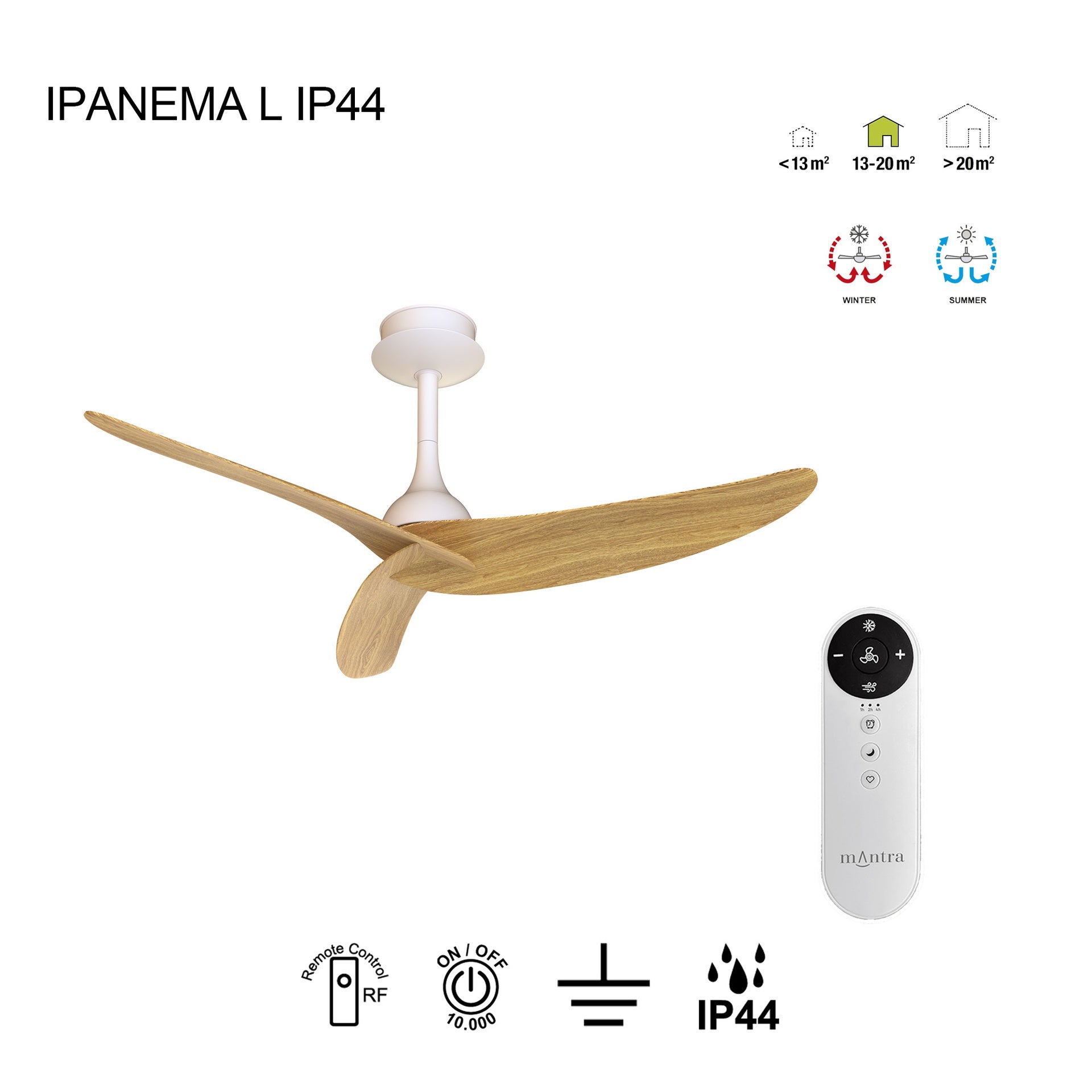 Plafonnier ventilateur IPANEMA blanc et aspect bois Mantra 9490