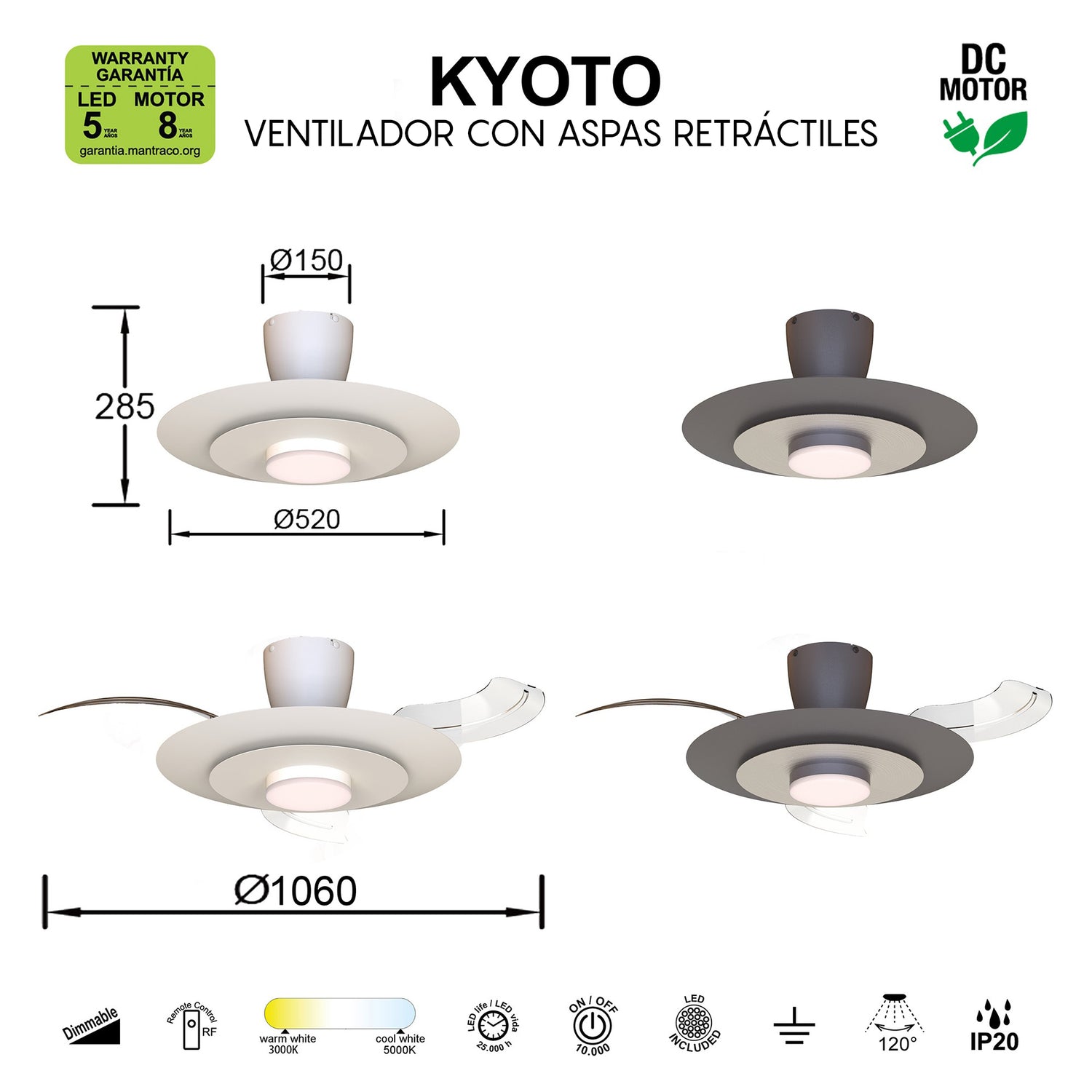 Plafonnier ventilateur KYOTO blanc MANTRA 9518